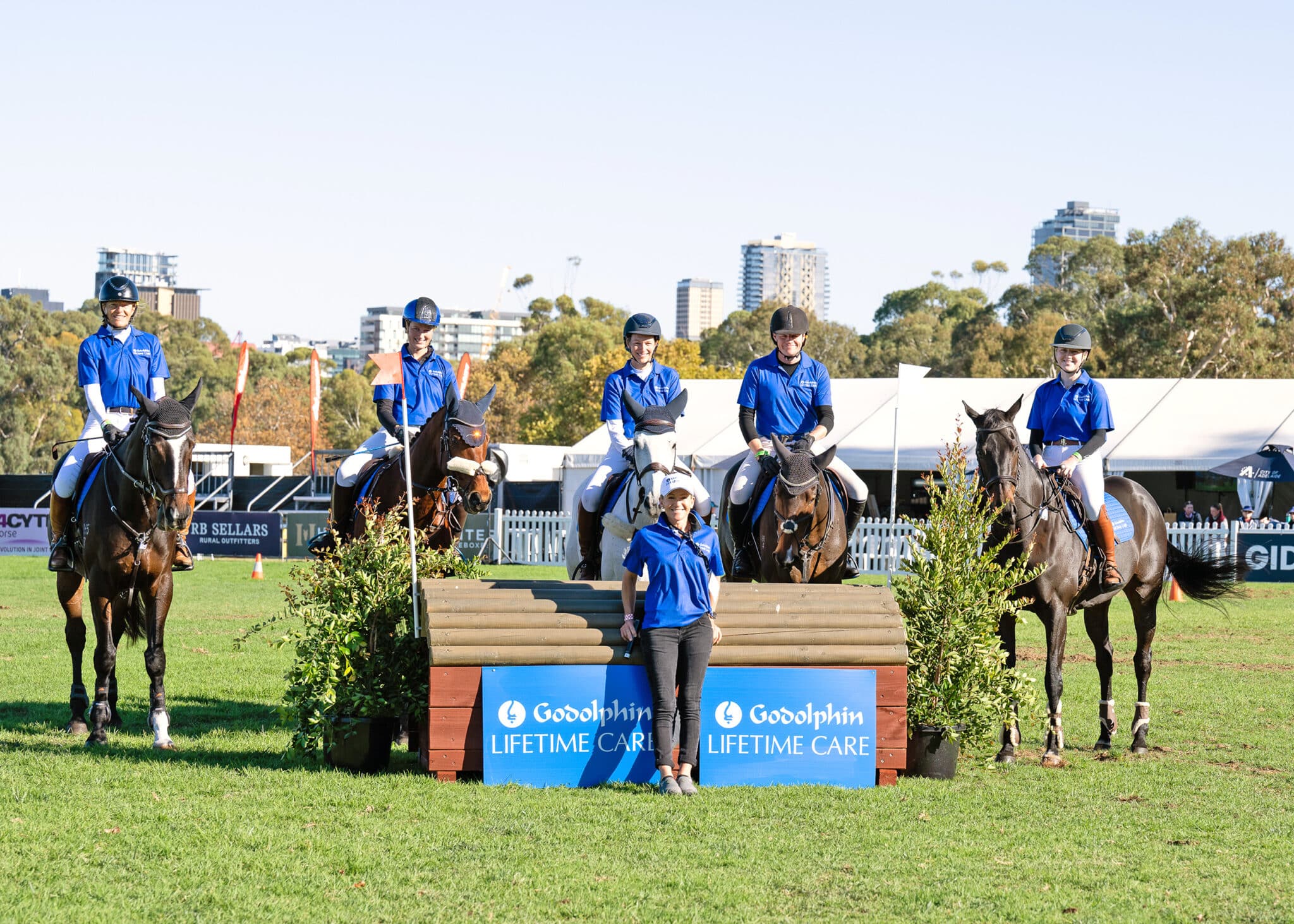 Olympian Amanda Ross with (LtoR) Julie Bramucci and Rafiki Epic Deal; Jaimie Stichel with Sun Quest; Audrey Nicolai aboard Insidious Ghost; Charlie Germain riding GE Orlando; and Connie Miller on Delicato.